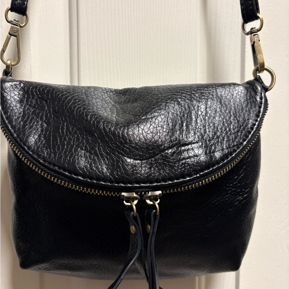 MMS Design Studio Black Pebbled Vegan Leather Crossbody with Dual Tassels